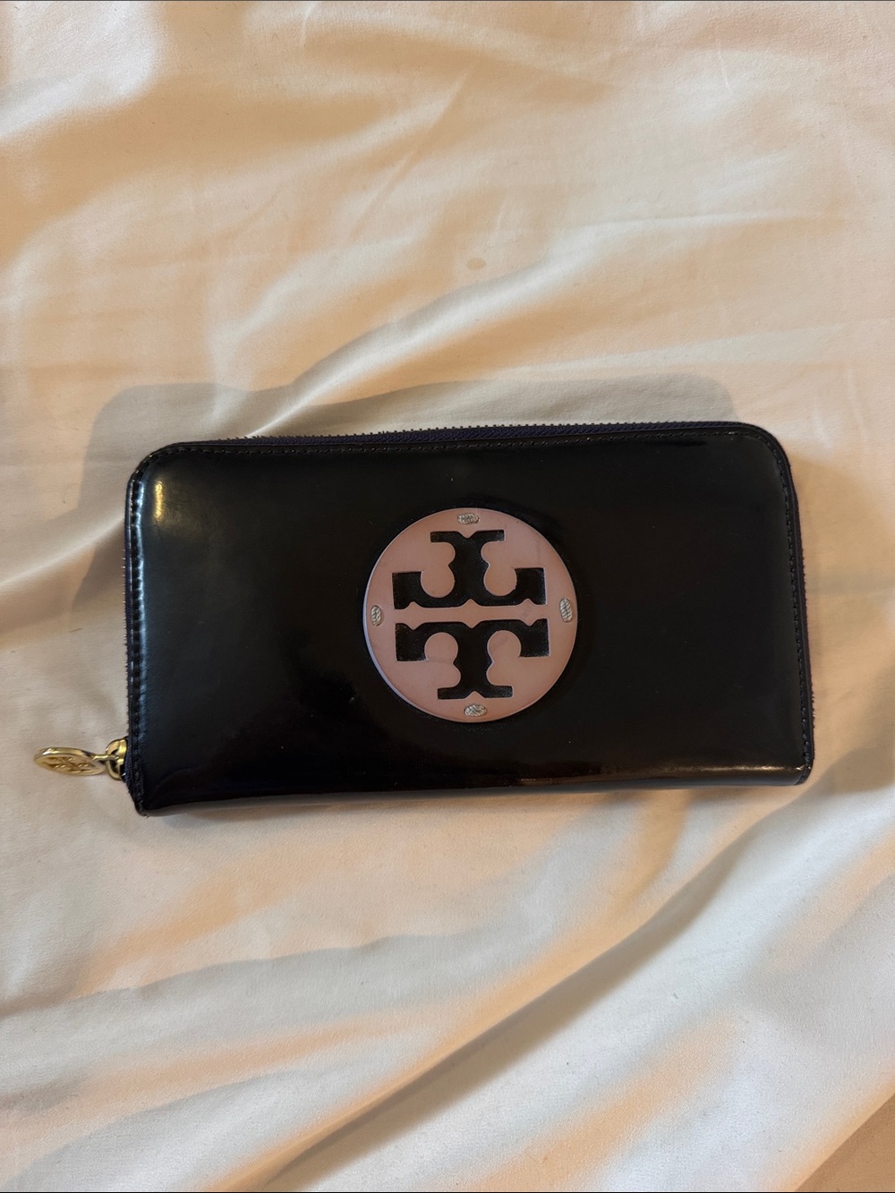 Tory Burch Black Patent Zip Wallet with Pink Logo Medallion